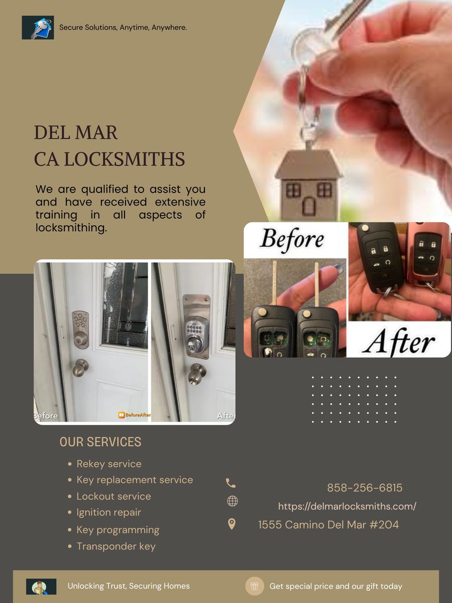 Trusted Local Experts in residential, commercial, and automotive locksmith services.
Call on:858-256-6815
Visit:delmarlocksmiths.com
#locksmithrepair
#locksmithservices
#DelMarCALocksmiths