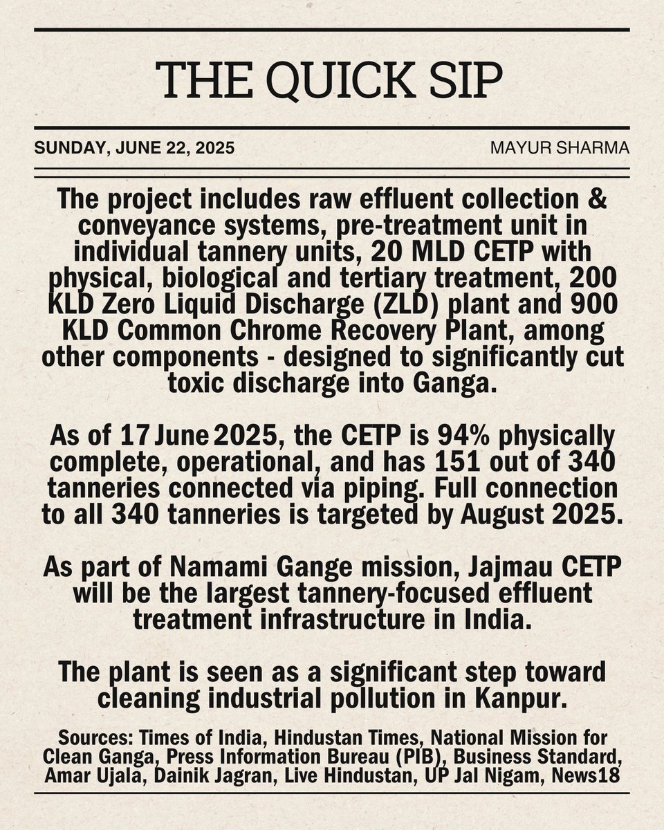 Mayur Sharma (@mayur259) on Twitter photo #WaterNews: Rs 520 Crore Jajmau CETP Project 94% Complete; Rs 30 Lakh Penalty Imposed for Construction Delay under Namami Gange
<a href="/crpaatil/">C R Paatil</a> <a href="/DoWRRDGR_MoJS/">Ministry of Jal Shakti, DoWR, RD&GR, GoI</a> <a href="/cmofficeup/">CM Office, GoUP</a> <a href="/upswsm/">राज्य पेयजल एवं स्वच्छता मिशन, उत्तर प्रदेश</a> <a href="/upgovt/">Government of UP</a> <a href="/nagarvikas_up/">Urban Development Department, Uttar Pradesh</a> <a href="/myogioffice/">Yogi Adityanath Office</a> <a href="/chiefsecyup/">Chief Secretary, GoUP</a> <a href="/myogiadityanath/">Yogi Adityanath</a> <a href="/cleanganganmcg/">Namami Gange</a> <a href="/uppcbLKO/">Uttar Pradesh Pollution Control Board</a> <a href="/cpcb_official/">Central Pollution Control Board</a> #WaterNews: Rs 520 Crore Jajmau CETP Project 94% Complete; Rs 30 Lakh Penalty Imposed for Construction Delay under Namami Gange
<a href="/crpaatil/">C R Paatil</a> <a href="/DoWRRDGR_MoJS/">Ministry of Jal Shakti, DoWR, RD&GR, GoI</a> <a href="/cmofficeup/">CM Office, GoUP</a> <a href="/upswsm/">राज्य पेयजल एवं स्वच्छता मिशन, उत्तर प्रदेश</a> <a href="/upgovt/">Government of UP</a> <a href="/nagarvikas_up/">Urban Development Department, Uttar Pradesh</a> <a href="/myogioffice/">Yogi Adityanath Office</a> <a href="/chiefsecyup/">Chief Secretary, GoUP</a> <a href="/myogiadityanath/">Yogi Adityanath</a> <a href="/cleanganganmcg/">Namami Gange</a> <a href="/uppcbLKO/">Uttar Pradesh Pollution Control Board</a> <a href="/cpcb_official/">Central Pollution Control Board</a>