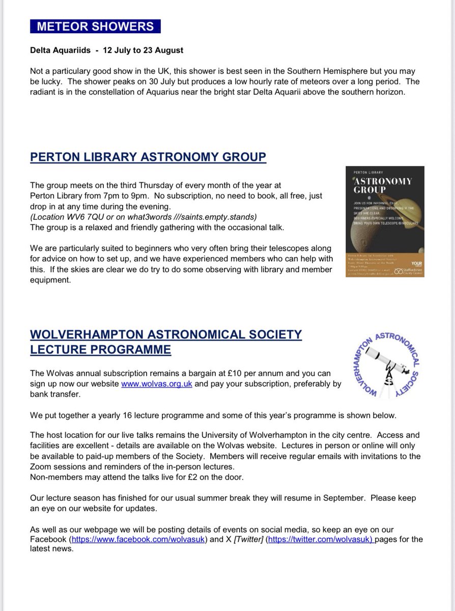 Here is the Sky Guide (Part 2) for July 2025 produced by Society Treasurer Doug Bickley.
Packed with information of events to look out for.
Note all timings are based on the Wolverhampton Area 
wolvas.org.uk