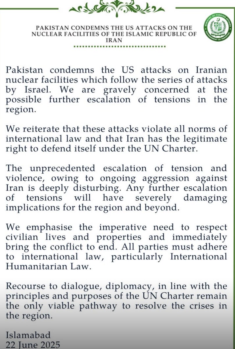 Pakistan condemned US attacks on Iran. Pakistan clearly said that these attacks violate all norms of International Law and UN charter.