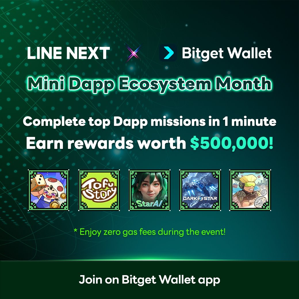 dimqtdl's tweet photo. Mini Dapp Ecosystem Month is live with Bitget Wallet & LINE NEXT!
💰 Complete missions in top Mini Dapps in just 1 minute
🎯 Earn your share of $500,000 in rewards
⛽️ Zero gas fees during the event
👉 Join now on the Bitget Wallet app!
#KAIA #BitgetWallet #MiniDapps https://t.co/Mg1AKKPf7t