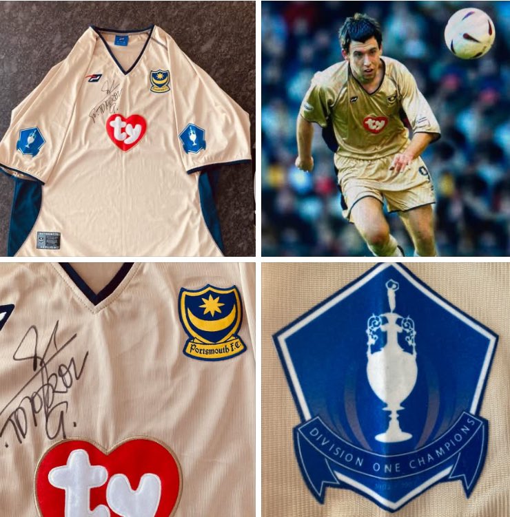 WalkIsland's tweet image. Bids being taken on this #Pompey shirt raising money for the 'Walk the Island' fund. Away gold top from the 02/03 season. Signed by Svetoslav Todorov whose 26 goals took Pompey to the 1st Division title and won him the golden boot as the leagues top scorer. Please DM any bids.