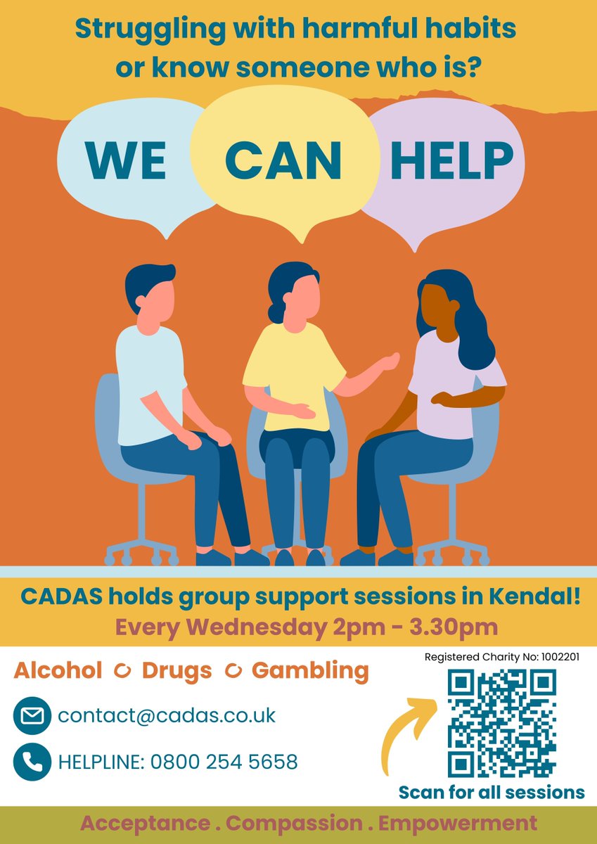 cadascumbria's tweet image. CADAS holds group support sessions in Kendal every Wednesday!

To find out more scan the QR code or follow the link: buff.ly/E7tqQXt 

#addiction #addictionsupport #groupsupport #Kendal #Kendalgroupsupport #Kendaladdictionsupport #Cumbriagroupsupport #Cumbria #CADAS