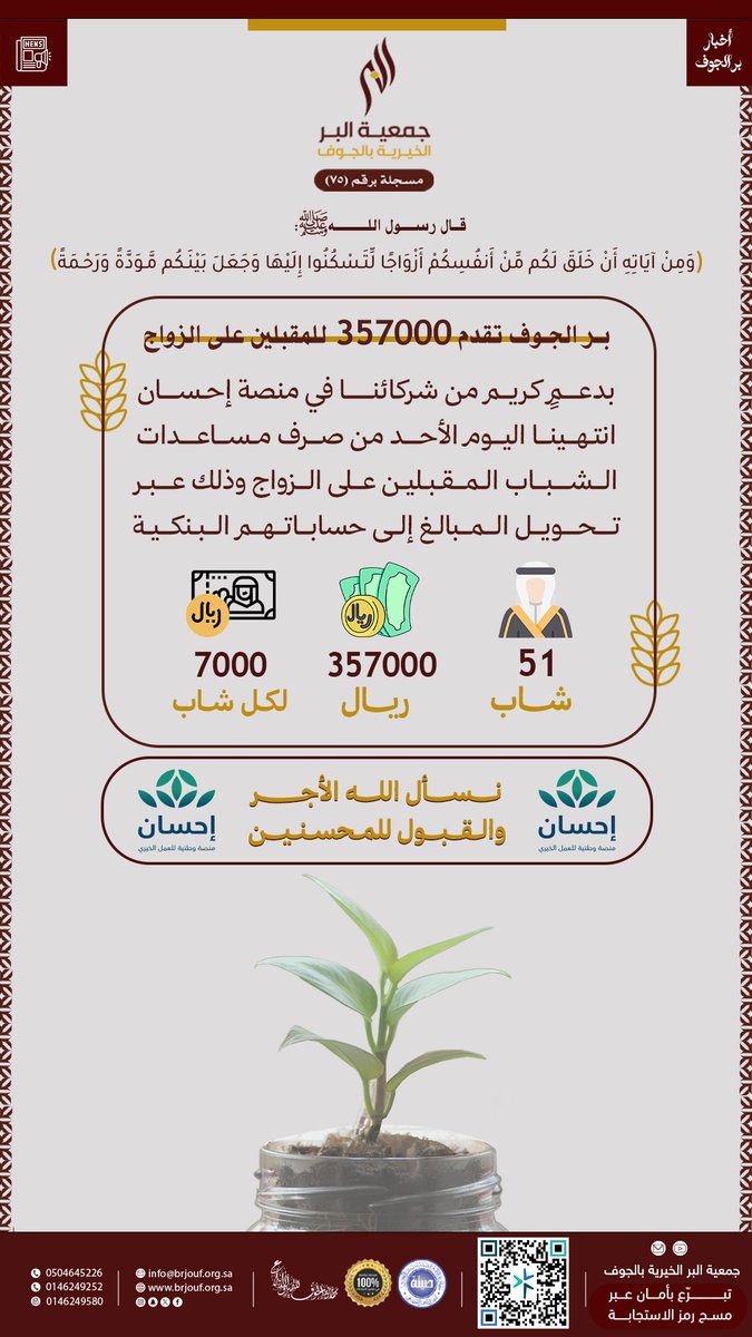 قال تعالى:
(وَمِنْ آيَاتِهِ أَنْ خَلَقَ لَكُم مِّنْ أَنفُسِكُمْ أَزْوَاجًـا
لِّتَـسْكُنُوا إِلَيْهَا وَجَـعَلَ بَيْنَـكُم مَّـوَدَّةً وَرَحْـمَـةً)
بـــدعـمٍ ســخـي مـن شـركـائـنـا 
المُـحسنين في #منصة_إحسان
انتـهـينا اليوم مـن صـرف المساعدات الماليـة
لــ51 شـابًا من الشباب