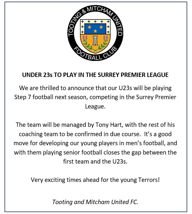 OfficialTmufc's tweet photo. Tooting and Mitcham U23s will be playing Step 7 football next season, having joined the Surrey Premier County Football League. https://t.co/Gx16AdrBNt