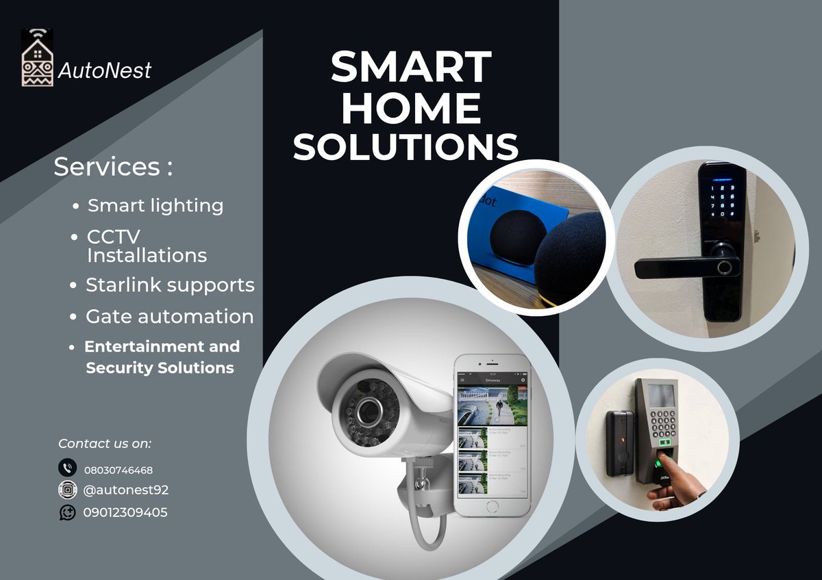 AutoNest92's tweet image. At AutoNest,
We're about Smart Home Solutions:
CCTV installation, Starlink consultations, Voice and App control, Smart door locks, Security and Entertainment Solutions.
Send us a DM or kindly call us on: 08030746468 or
Reach us on WhatsApp:
09012309405
#SmartSolutions