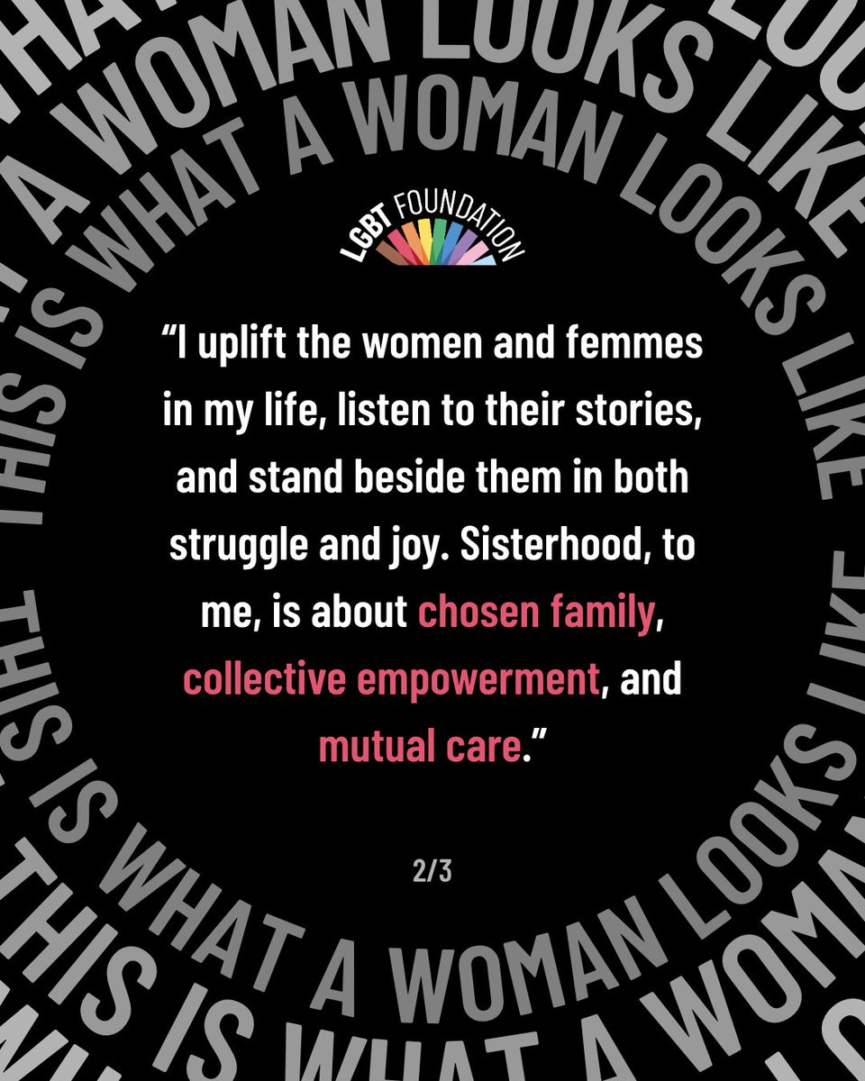 Sisterhood is about lifting each other up and fighting for our futures together! Respond to the EHRC by 30/6 to have your say on what womanhood means to you. 
🔗 lgbt.foundation/EHRC

#ThisIsWhatAWomanLooksLike #ThisIsAWoman #DiversityInWomanhood #InclusiveFeminism #EHRC