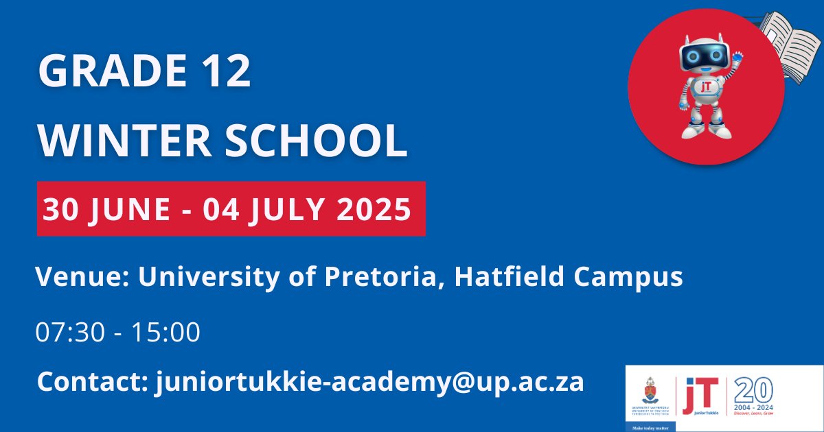 Are you in Grade 12 and taking Mathematics or Physical Sciences? Join the #JuniorTukkie Winter School at UP from 30 June to 4 July 2025 at Hatfield Campus. The cost is R500 per subject, which is the perfect way to boost your revision this winter!

#UniversityOfPretoria
