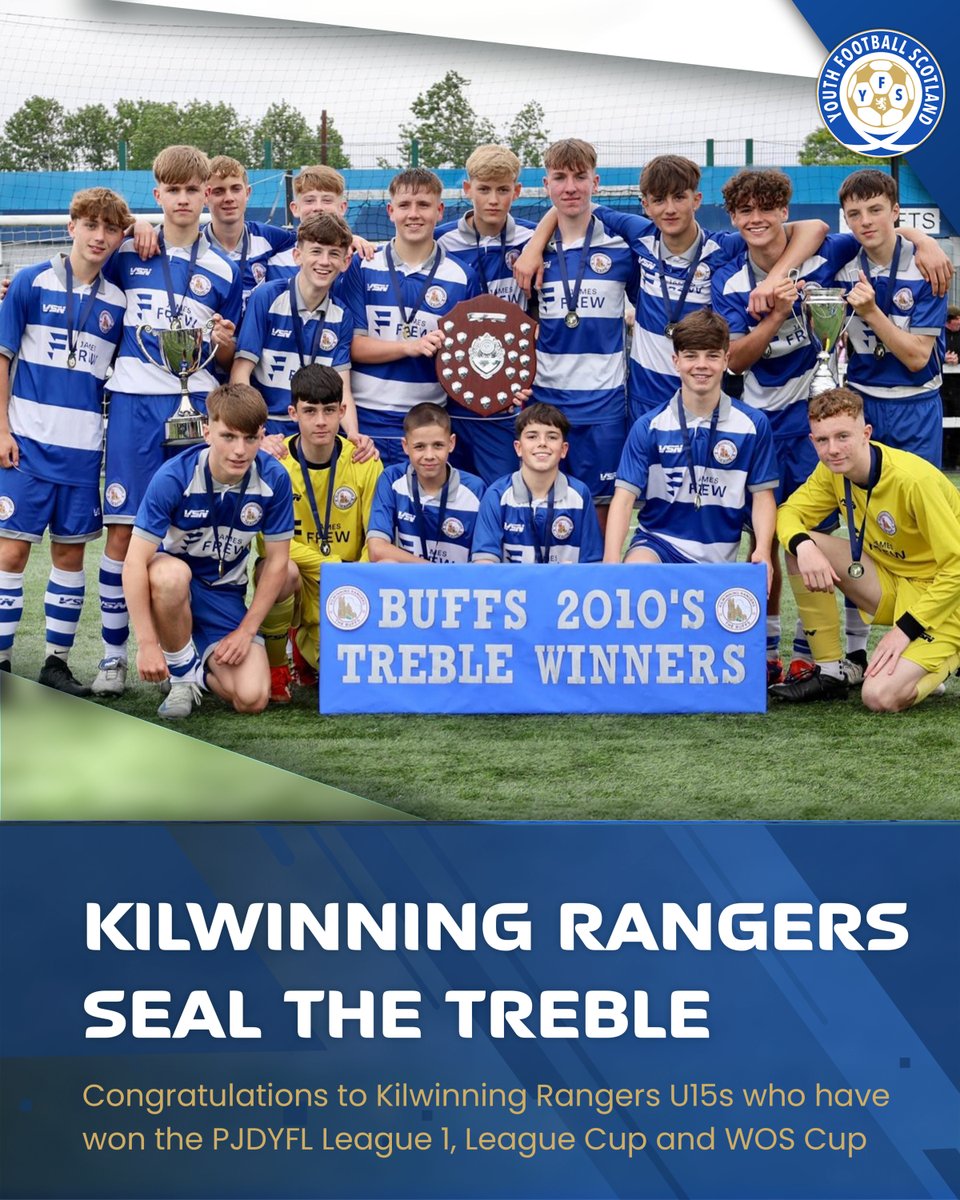 𝗧𝗥𝗘𝗕𝗟𝗘 𝗖𝗛𝗔𝗠𝗣𝗜𝗢𝗡𝗦 🏆 

Congratulations to <a href="/steadythebuffs/">Kilwinning Rangers</a> U15s, Paisley Johnstone and District League 1, League Cup and West of Scotland Cup winners 2025!

𝗗𝗠 𝘂𝘀 𝘆𝗼𝘂𝗿 𝗰𝗵𝗮𝗺𝗽𝗶𝗼𝗻𝘀 𝗽𝗼𝘀𝘁𝘀