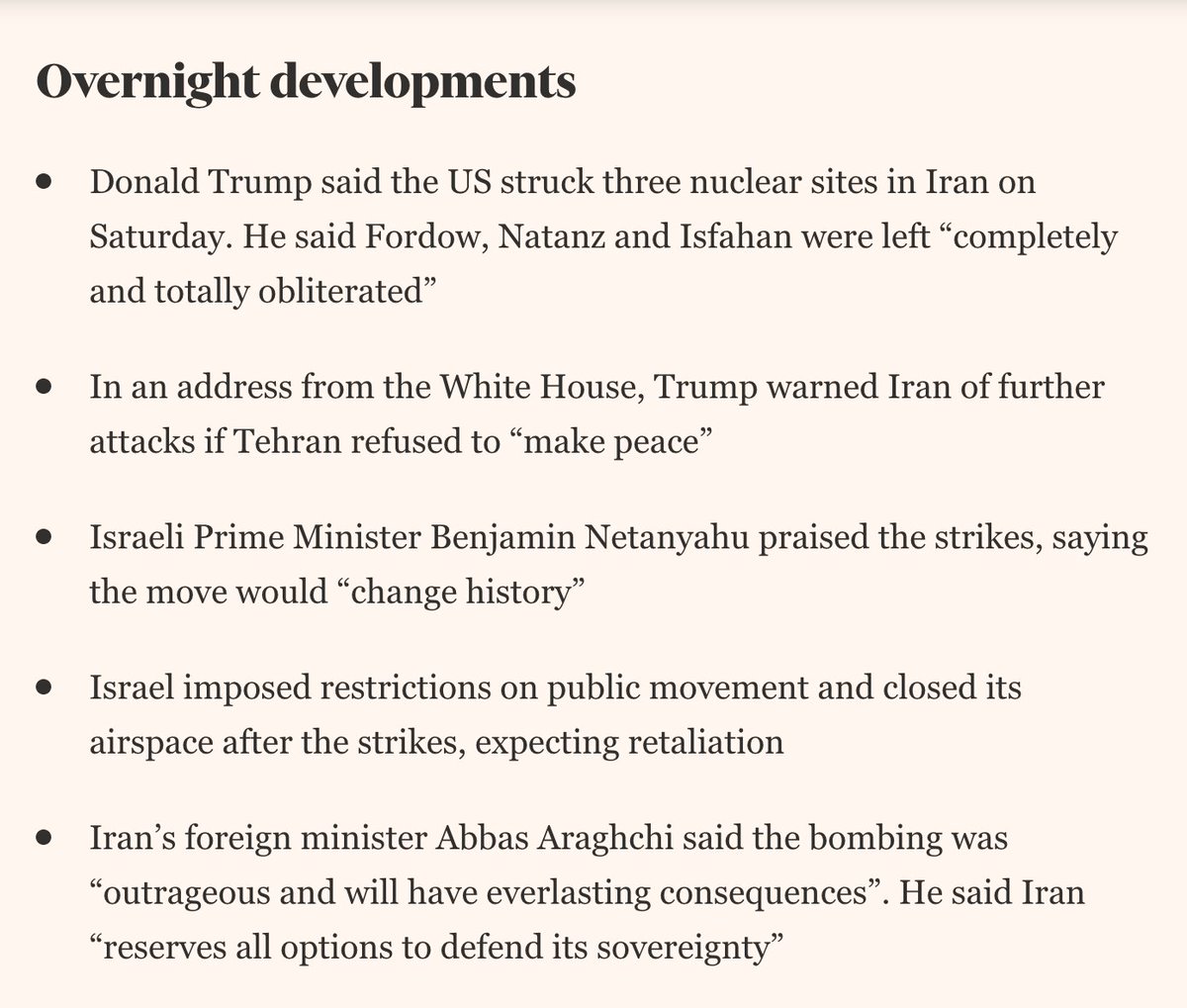 Just waking up in Europe? Overnight, the US bombed three nuclear sites in Iran, drawing America into another war in the Middle East.

Follow our live blog for the latest updates: on.ft.com/40ami76
