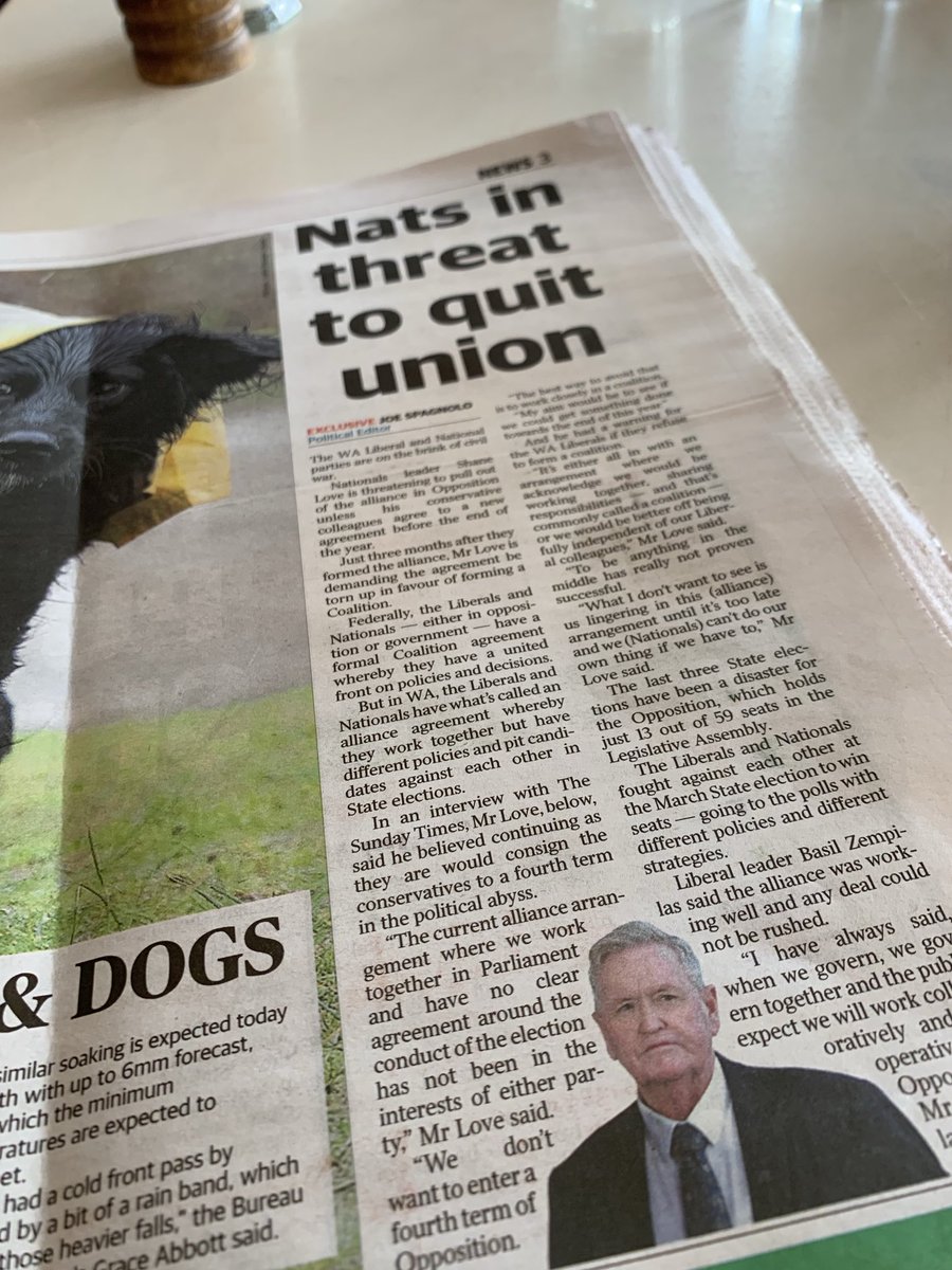 Joe Spagnolo (@spagnolojoe) on Twitter photo National Party leader <a href="/ShaneLoveMW/">Shane Love MLA</a> threatens to walk away from Alliance if the Libs don’t agree to a Coalition. Today’s The Sunday Times. #wapol National Party leader <a href="/ShaneLoveMW/">Shane Love MLA</a> threatens to walk away from Alliance if the Libs don’t agree to a Coalition. Today’s The Sunday Times. #wapol