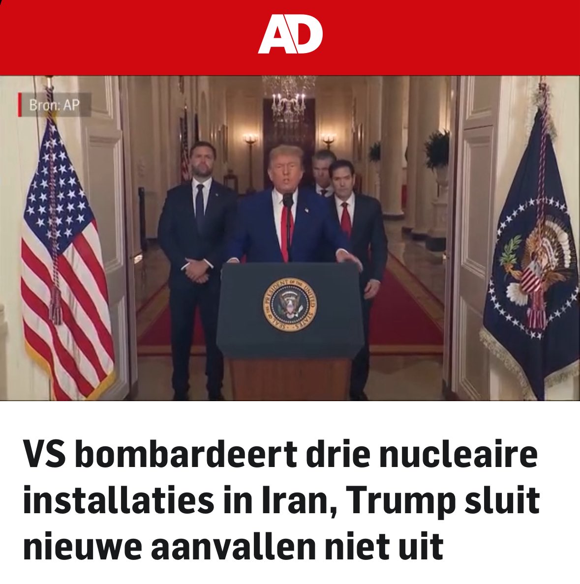 De zoveelste illegale oorlog van de VS. Met steun van Netanyahu.

Een grove schending van internationaal recht en een grote escalatie. 

Nederland moet onder geen enkel beding betrokken raken bij deze oorlog. Zoals eerder in Irak en Afghanistan. 

Stop de militarisering.
