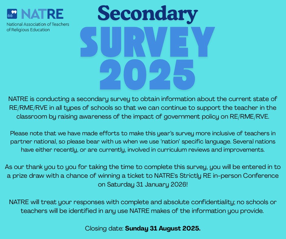NATRE's eighth national Secondary Survey is now open, and we want to hear directly from you about how curriculum changes are shaping RE in your classroom — whether you're teaching in England, Wales, Scotland or Northern Ireland

natre.org.uk/news/latest-ne…
