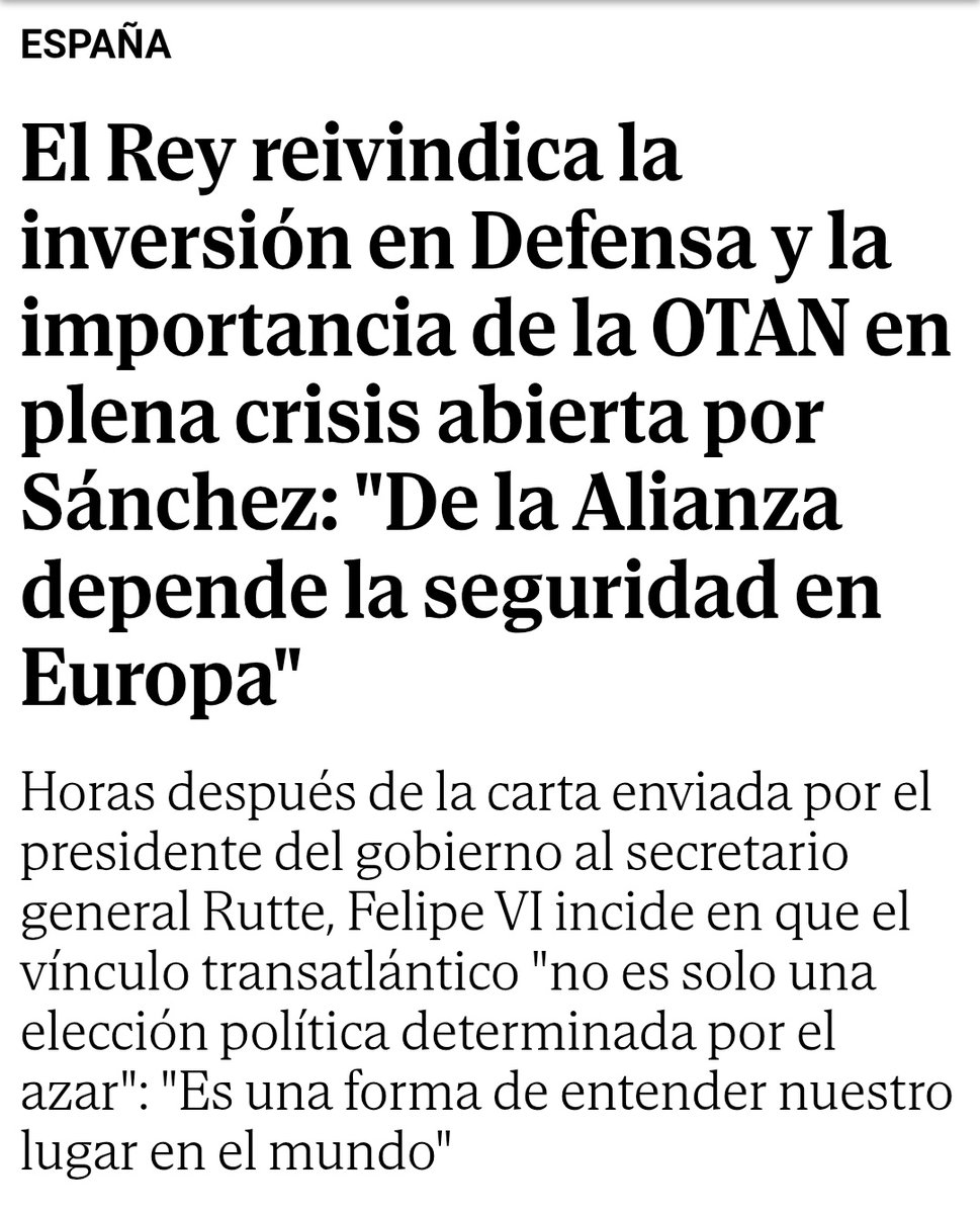 El jefe de Estado -nunca votado- no debe tomar partido por el rearme de la OTAN, en abierta contradicción con la posición del Gobierno de España.

Occidente no está amenazado, es la OTAN e Israel quienes nos llevan al borde de una III GM para intentar detener su decadencia.