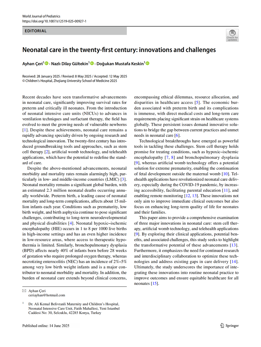 World_J_Pediatr's tweet image. Stem cells, artificial wombs, and telehealth hold transformative promise for advancing neonatal care and improving outcomes for vulnerable newborns.
#Meded #SoMe4PedSurg #Pediatrics #PublicHealth #NeonatalCare #StemCellTherapy #ArtificialWomb #Telehealth
link.springer.com/article/10.100…