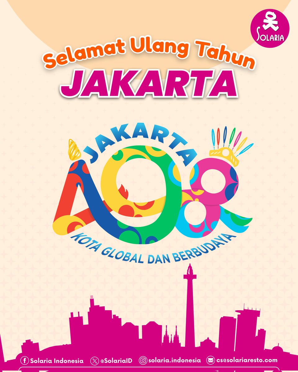 SolariaID's tweet photo. Selamat Ulang Tahun ke-498 Kota Jakarta🎉
.
Yuk rayain hari ini dengan menikmati makanan di Solaria terdekat!
.
#Solaria #Solariaresto #Solariaindonesia #HUTJakarta https://t.co/t5nl0tv6jj
