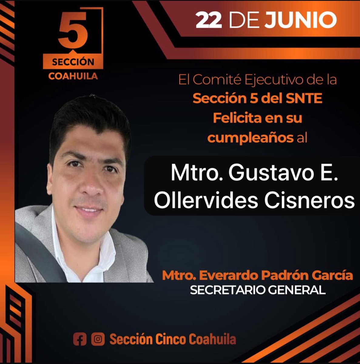 🎁 El Comité Ejecutivo de la Sección 5 del SNTE, felicitan hoy en su cumpleaños al Mtro. Gustavo E. Oyervides Cisneros.
Deseamos pase un excelente día en compañía de sus seres queridos y amistades. Felicidades!
#SNTEcontigo
#EverardoPadrón