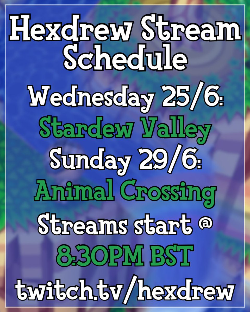 Hey! It’s finally time! I am coming back to streaming NEXT WEEK! It’s going to be a gradual process and as i slowly start to get back into it, i’ll add more days! I’m excited

Streams start at 8:30pm BST! 
twitch.tv/hexdrew