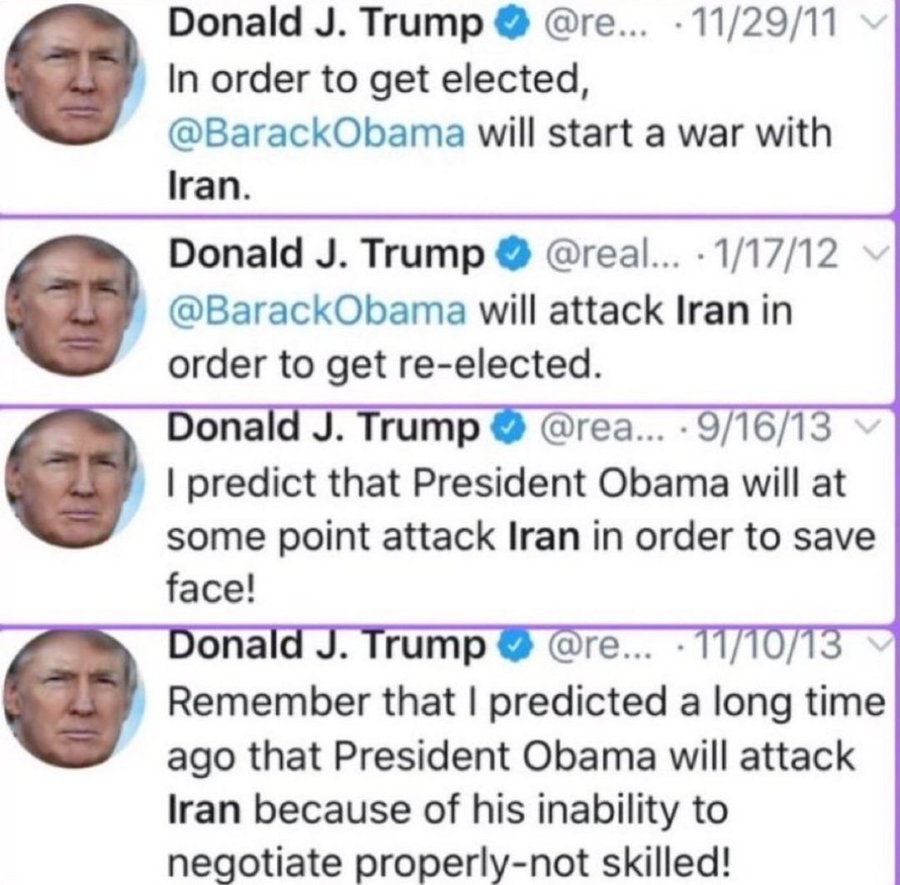KiranKumar_Off's tweet photo. Before he was President, Donald Trump repeatedly predicted Obama would attack Iran for various reasons. Fast forward to today... World War III
#Ironic #TrumpOnIran #WorldWar3 #USAirForce #WorldWarThree #IranIsraelConflict #IranVsIsrael #IranVsUSA #Trump #TrumpisaNationalDisgrace https://t.co/4gpTz2IsjK