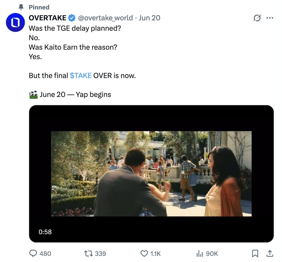 new <a href="/KaitoAI/">Kaito AI 🌊</a> company.

<a href="/overtake_world/">OVERTAKE</a> just announced a Kaito-based Yapping company.

&gt; 0.5% of TAKE Supply

brief info:

Overtake is a marketplace that connects gamers around the world and empowers them to:

&gt; buy
&gt; sell
&gt; share
&gt; checkout

powered by smart contracts.

by the