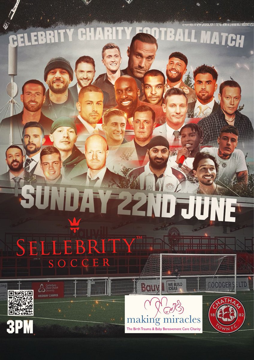 Chatham Town (@chathamtownfc) on Twitter photo IT’S MATCHDAY ‼️
📆 SUNDAY 22ND JUNE 2025
📍BAUVILL STADIUM - 3PM KICK OFF
🎫 BOOK TICKETS NOW
<a href="/Sellebrity_UK/">SellebritySoccer</a> are back — and this time we’re raising funds for ‘Making Miracles Charity.’
Tickets can be bought at the turnstiles or online!
TICKETS 👉 eventbrite.co.uk/e/celebrity-ch… IT’S MATCHDAY ‼️
📆 SUNDAY 22ND JUNE 2025
📍BAUVILL STADIUM - 3PM KICK OFF
🎫 BOOK TICKETS NOW
<a href="/Sellebrity_UK/">SellebritySoccer</a> are back — and this time we’re raising funds for ‘Making Miracles Charity.’
Tickets can be bought at the turnstiles or online!
TICKETS 👉 eventbrite.co.uk/e/celebrity-ch…