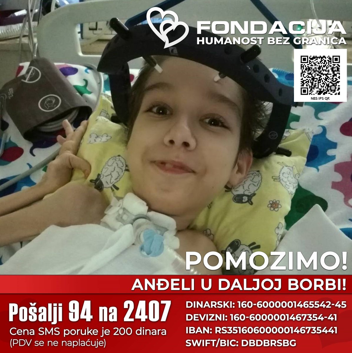 Anđela je na respiratoru a boluje od SMA Tip2, teške i progresivne bolesti. Nije u mogućnosti da hoda, samostalno sedi, jede...

Pomozimo!

Pošalji SMS!
94 na 2407

Skeniraj i doniraj:
NBS IPS QR kod

E-Doniraj - VISA, MasterCard, PayPal:
fondacija.rs/korisnik/304/p…