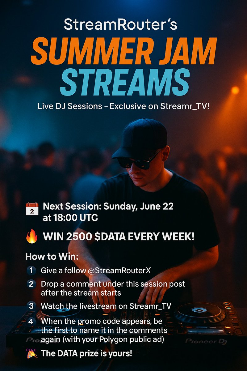 StreamRouterX's tweet photo. 🎧 SUMMER JAM STREAMS (Part1)
🔥 Win 2500 $DATA 
🗓️ June 22 | 🕕 18:00 UTC
🔗LiveStream Link https://t.co/qa95E5oDx2

✅ Follow @StreamRouterX
1⃣ Drop a comment under this post after the stream starts 💬
2⃣ Watch the live stream on @Streamr_TV 📺 (link above)
3⃣ Catch the promo code during the stream and be the first to comment it here again with your Polygon wallet address 💬
🏆 2500 $DATA is yours! 🏆
@streamr @Streamr_TV