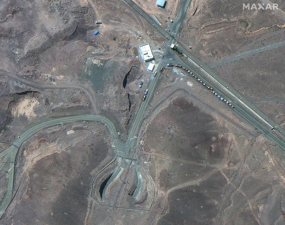 wartranslated's tweet photo. Satellite images from days before US strike on Fordow nuclear sites show heavy truck activity at the site. https://t.co/kkmsWJL17w