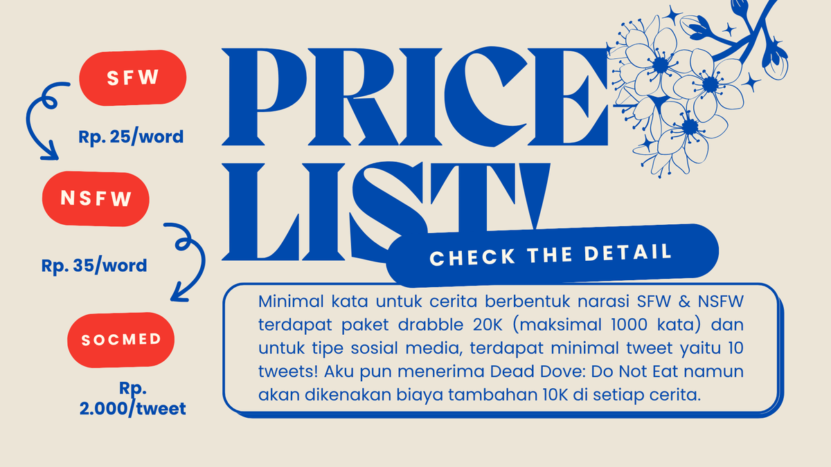 wrrrites's tweet photo. RT &amp; Likes are APPRECIATED! <3

WRITING COMMISSION [ID] OPEN.

Hi! @wrrrites kembali open komis nulis lagi, temen-temen! (dengan comsheet baru) untuk detilnya bisa kalian cek di empat foto ini dan utas untuk selengkapnya! Satu retweet &amp; like akan sangat membantu. <3 https://t.co/o9wt5ixaq4