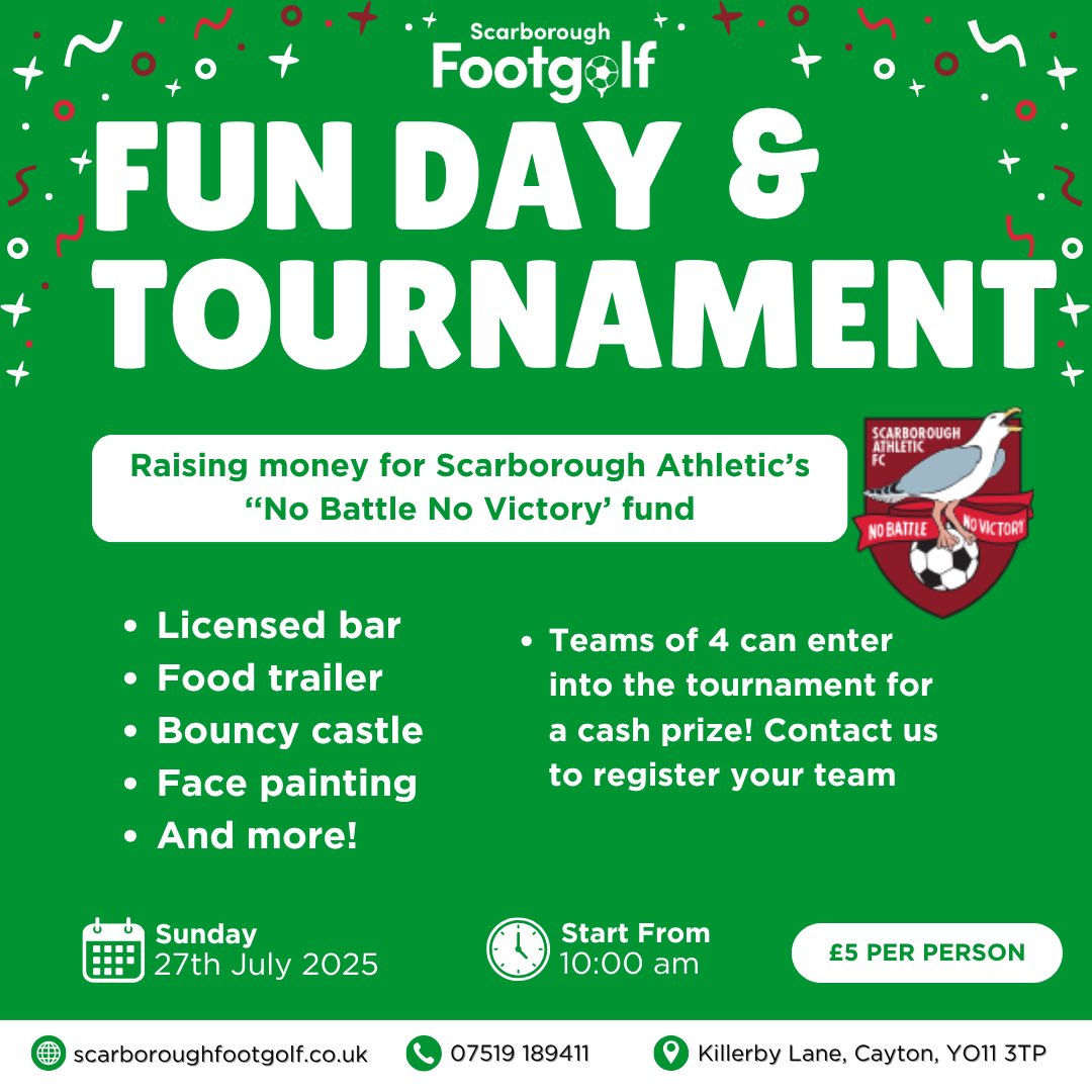 Join us 27th July for our Footgolf Fun Day – fun for all ages + a chance for a cash prize! ⚽⛳

Raising money for <a href="/safc/">Scarborough Athletic FC</a>’s No Battle No Victory fund ❤️

🎈 Bouncy castle
🍔 Food
🎨 Face painting
🍻 Bar

£5 entry, no booking needed! DM us to enter the tourney 🏆