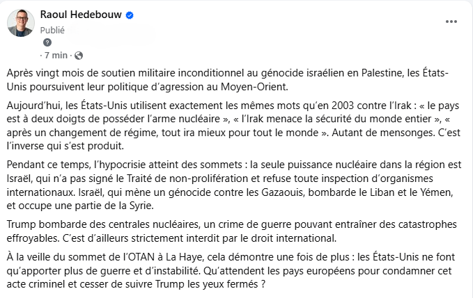 La nuit dernière, les États-Unis ont bombardé l'Iran. Cette agression militaire viole le droit international et aggrave encore la guerre. Qu'attendent les pays européens pour condamner cet acte criminel, et cesser de suivre aveuglément Trump ?