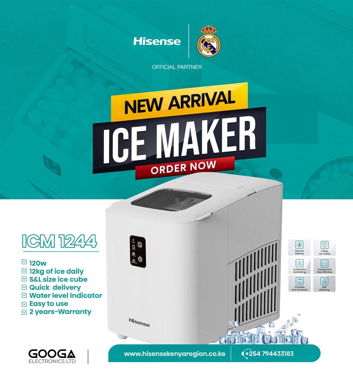 googakenya's tweet image. Say hello to our coolest new arrival 🧊  the Hisense Ice Maker
Make up to 12kg of ice daily, fast and easy. No more ice runs ....perfect for home, office, or your next party ❄️
Shop now 👉 hisensekenyaregion.co.ke

#NewArrival #HisenseKenya #IceMaker #Hisense