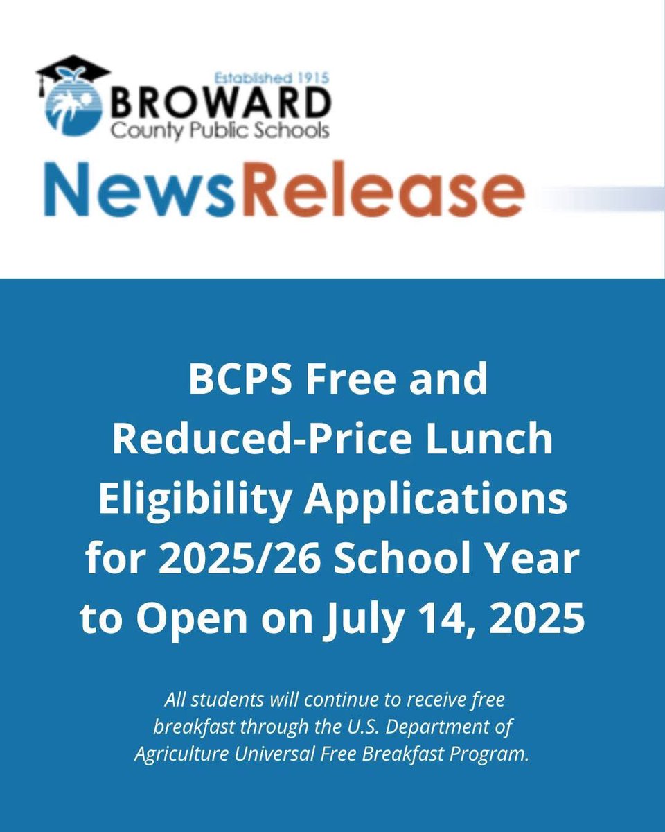 Dillard_HS's tweet image. Friendly Reminder:
Beginning next school year, Broward County Public Schools(BCPS) families will need to apply to determine their eligibility for free and reduced-price lunches. Applications opens July 14, 2025. Learn more at 🔗 bit.ly/45RlVBY
#bcps #freeandreducedlunch