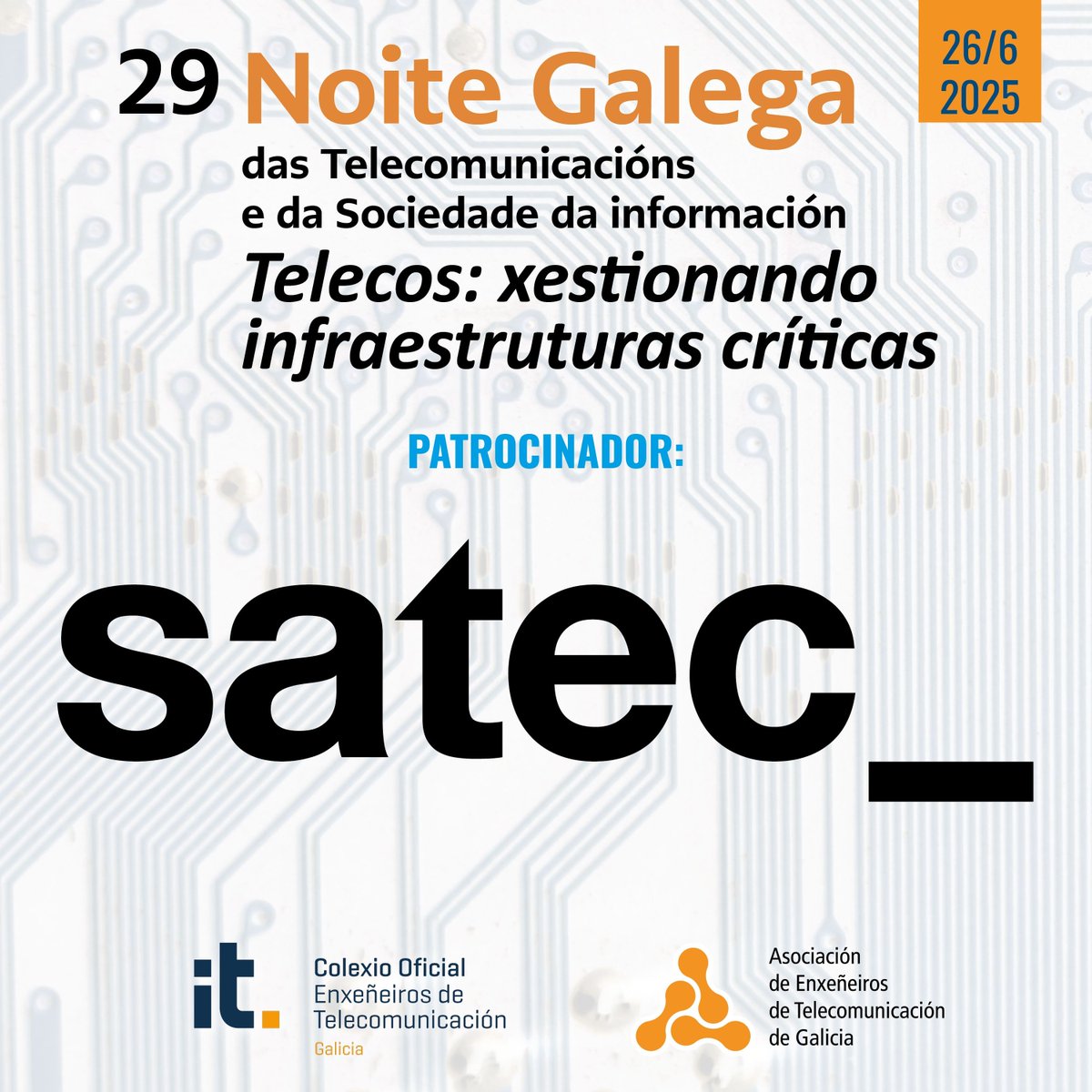 Orgullosos de contar con <a href="/satec_es/">SATEC -</a>, empresa especializada en consultoría e servizos tecnolóxicos, como patrocinador da XXIX Noite Galega das Telecomunicacións e da Sociedade da Información, que celebraremos o vindeiro xoves no Gran Hotel da Toxa. Grazas!
