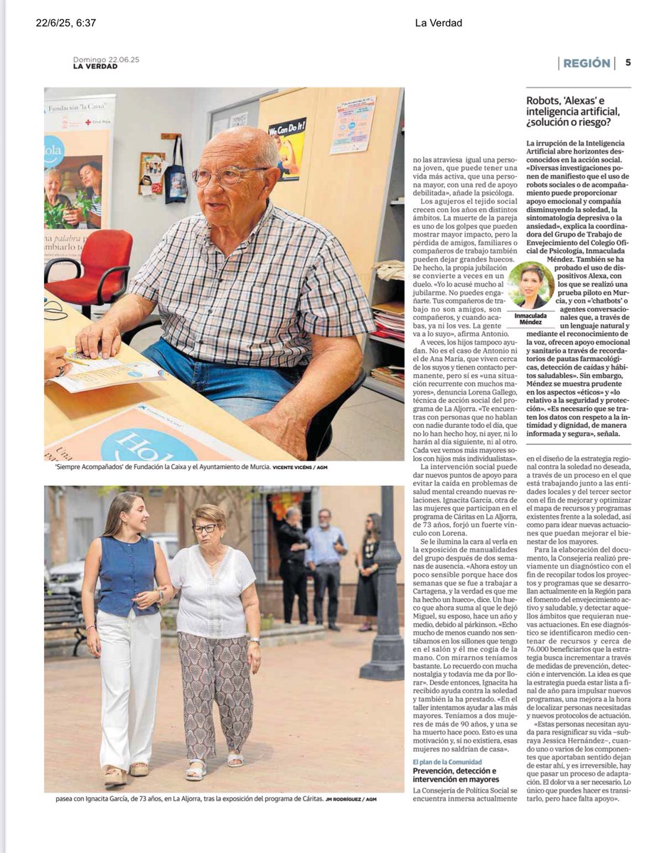 Reportaje publicado en <a href="/laverdad_es/">laverdad_es</a> sobre “El duelo de los mayores que se quedan solos” y que cuenta con la participación de Inmaculada Méndez, coordinadora del Grupo de Trabajo de Envejecimiento del COPRM
laverdad.es/murcia/duelo-m…