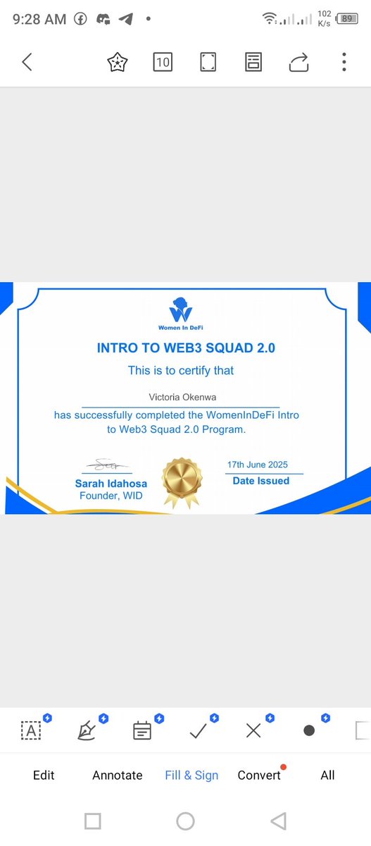 Meekvick001's tweet photo. "Just leveled up! 🚀 I successfully completed the Intro to Web3 Squad 2.0 Training with @WomenInDeFi! 🎉 Super grateful for the knowledge and community. Thanks, @WomenInDeFi, for empowering us in Web3! 🙌 #Web3 #WomenInDeFi #Squad2.0 #CertificateOfCompletion" https://t.co/YnlBQI6Ynd