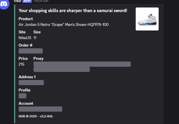 🙌 @lin6075 just copped OG Air Jordan 5 Retro "Grape" (Men's 11) on NikeUS for $215 thanks to NSB3 v3.2.406 + proxy magic—stress: 0, flex: 💯. Ready for your next win? #IFYKYK 🚀