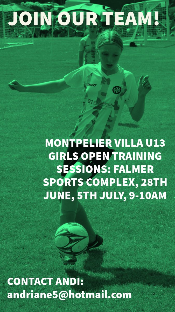 Montpelier Villa Youth (@montyvyouth) on Twitter photo Montpelier Villa Youth Girls u13 open training sessions - June 28 and July 5 at Falmer Sports Complex.
Join our Team and play for a club with incredible facilities and a pathway into women’s football.
Get in touch!
<a href="/MVWFC/">Montpelier Villa WFC</a> <a href="/MontpelierVilla/">Montpelier Villa FC</a> Montpelier Villa Youth Girls u13 open training sessions - June 28 and July 5 at Falmer Sports Complex.
Join our Team and play for a club with incredible facilities and a pathway into women’s football.
Get in touch!
<a href="/MVWFC/">Montpelier Villa WFC</a> <a href="/MontpelierVilla/">Montpelier Villa FC</a>