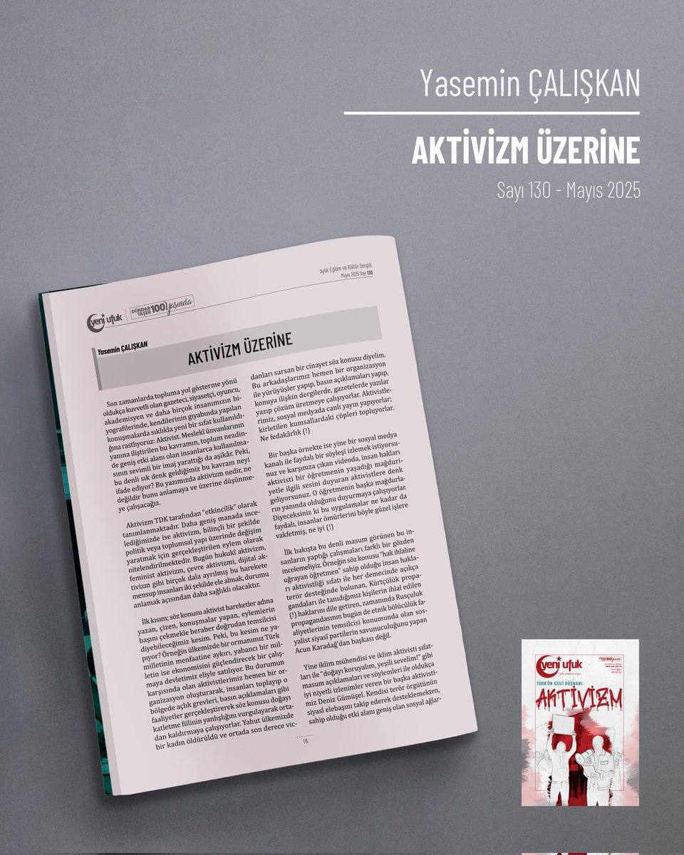 130. sayımızda Yasemin Çalışkan'ın kaleminden "Aktivizm Üzerine" başlıklı yazı sizlerle.
Yazının tamamını okumak için aşağıdaki bağlantıya tıklayabilirsiniz.

#yeniufukdergisi

yeniufukdergisi.com/2025/06/02/akt…