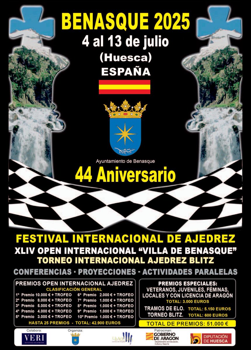 revistaPDR's tweet image. 🏆 44º OPEN INTERNACIONAL BENASQUE 📅 4 al 13 de julio de 2025 📍 Benasque (Huesca, Pirineo Aragonés) 🌄 Uno de los torneos de #ajedrez más emblemáticos del panorama internacional. Homenaje a ✝️ Juan Miguel Royo, director durante muchos años 🔗 openajedrezbenasque.com