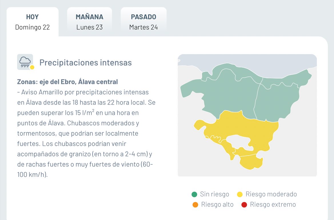 📆 Domingo, 22 de junio

🟡 #AvisoAmarillo

🌧️ Precipitaciones intensas en Araba desde las 18h hasta las 22h