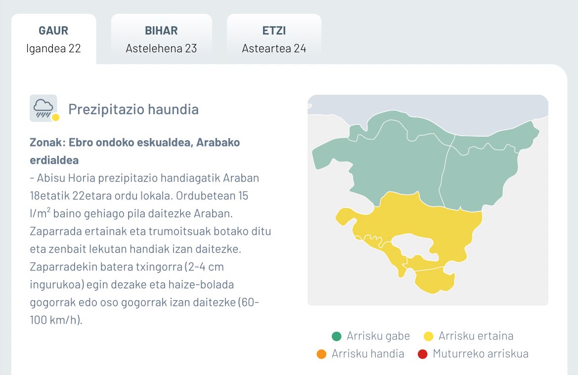 📆Ekainak 22, igandea

🟡 #AbisuHoria

🌧️ Prezipitazio handiagatik Araban 18etatik 22etara