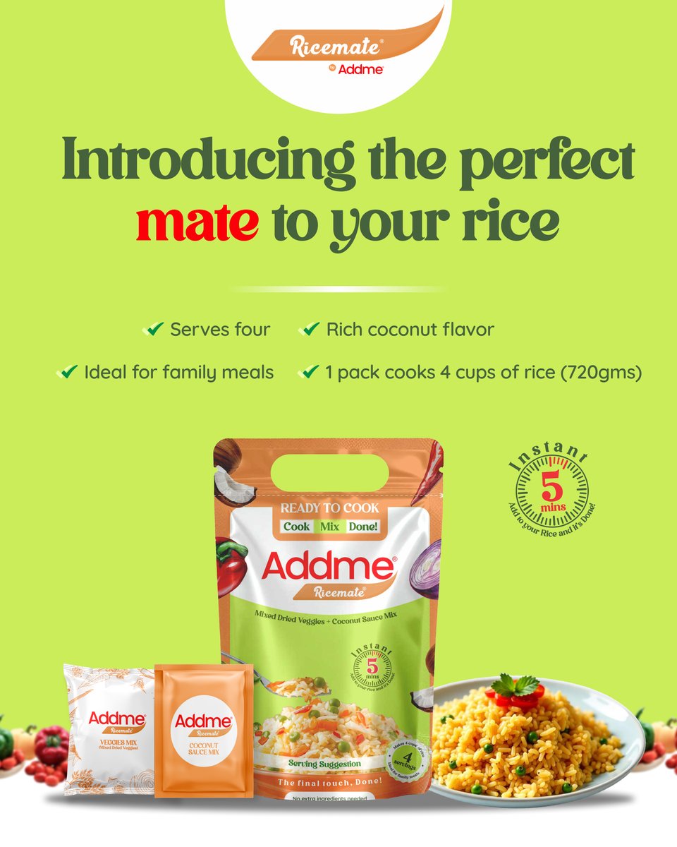 addmenigeria's tweet photo. Say goodbye to bland rice and hello to the rich, mouthwatering taste of Addme Ricemate!

Enjoy restaurant-style flavour of coconut rice from the comfort of your own home. Cook, mix and serve in minutes!👍🏽

Order on https://t.co/5hpoDAcjLa for free delivery or check supermarkets near you.

#Addme #Addmie #AddmeRicemate #RiceMate #RicePerfectMate #TheAddmeWay