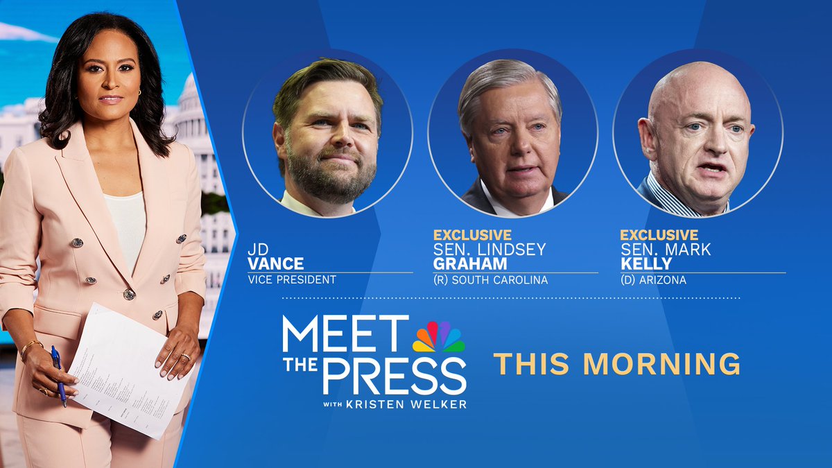 Kristen Welker (@kwelkernbc) on Twitter photo THIS MORNING: <a href="/VP/">Vice President JD Vance</a> JD Vance will join me on
<a href="/MeetThePress/">Meet the Press</a> following U.S. strikes on Iranian nuclear sites.
Plus, I'll talk to <a href="/LindseyGrahamSC/">Lindsey Graham</a> and <a href="/SenMarkKelly/">Senator Mark Kelly</a>. THIS MORNING: <a href="/VP/">Vice President JD Vance</a> JD Vance will join me on
<a href="/MeetThePress/">Meet the Press</a> following U.S. strikes on Iranian nuclear sites.
Plus, I'll talk to <a href="/LindseyGrahamSC/">Lindsey Graham</a> and <a href="/SenMarkKelly/">Senator Mark Kelly</a>.