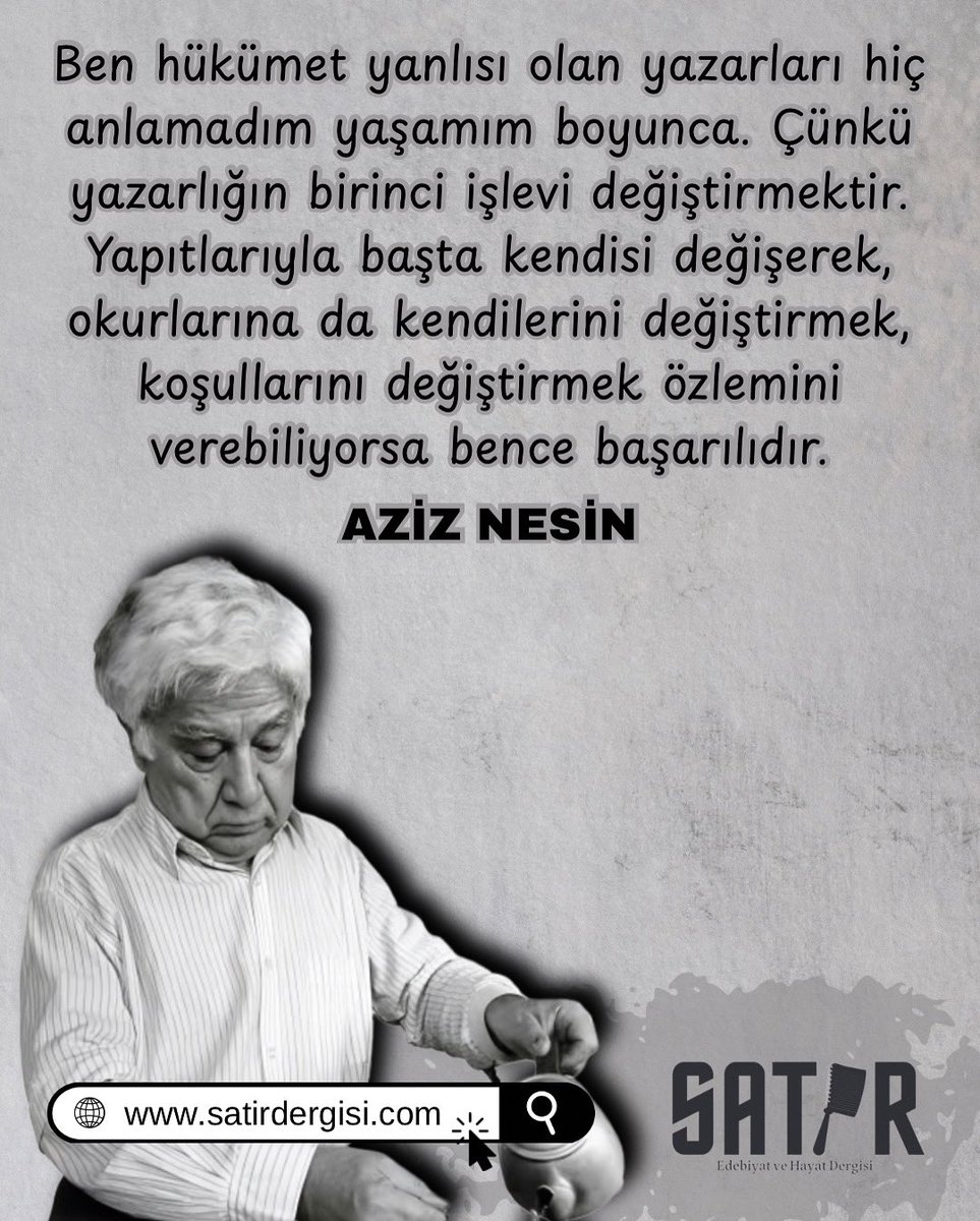 🪶 Ben hükümet yanlısı olan yazarları hiç anlamadım yaşamım boyunca. Çünkü yazarlığın birinci işlevi değiştirmektir. Yapıtlarıyla başta kendisi değişerek, okurlarına da kendilerini değiştirmek, koşullarını değiştirmek özlemini verebiliyorsa bence başarılıdır.

AZİZ NESİN

#kitap