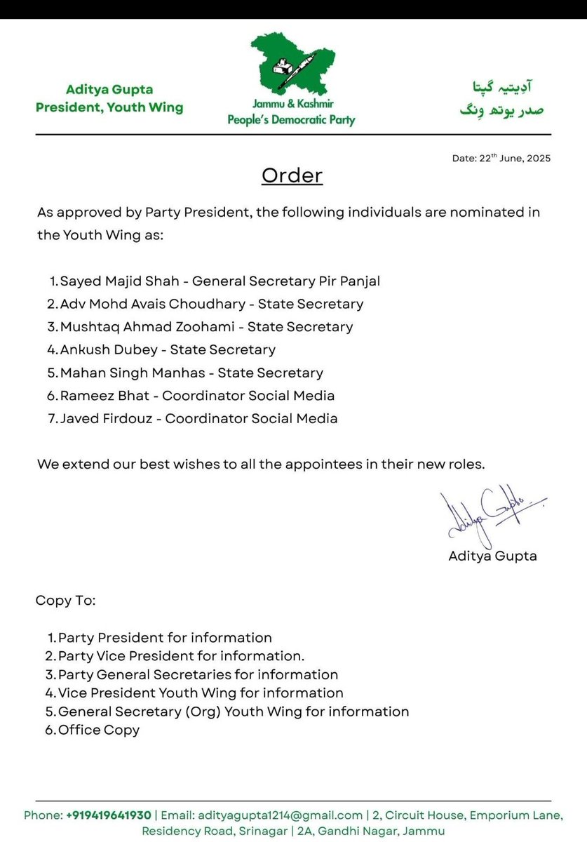 Heartfelt congratulations to the newly nominated office bearers of <a href="/YouthJKPDP/">Youth PDP</a> . May your dedication and passion inspire positive change and growth.

<a href="/AdityaVgupta/">Aditya Gupta</a> 
<a href="/YouthJKPDP/">Youth PDP</a>