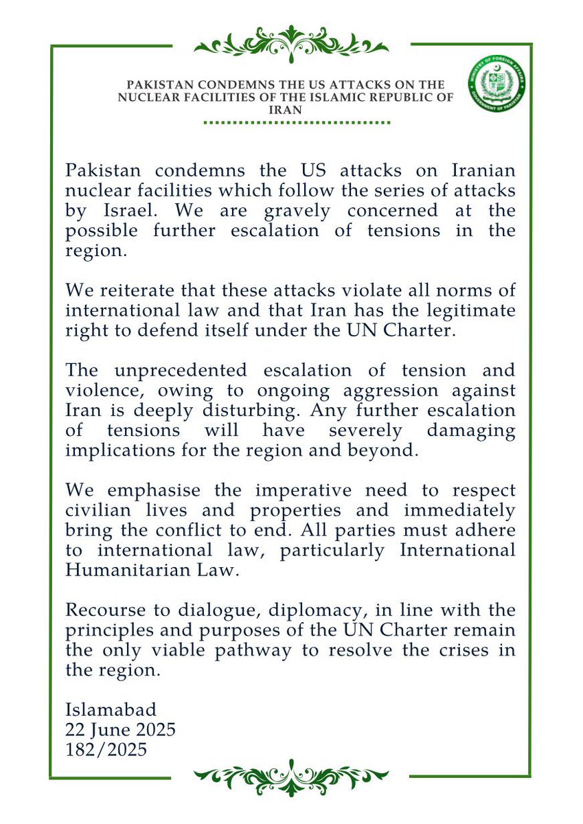 iihtishamm's tweet photo. Pakistan Condemns the US Attacks on the Nuclear Facilities of the Islamic Republic of Iran. https://t.co/0AoIKCsFP2