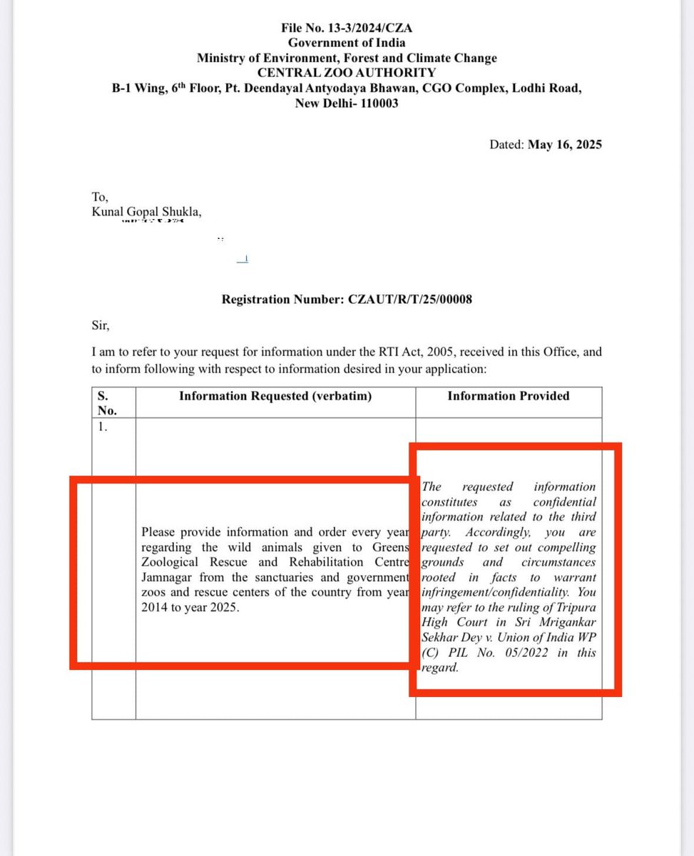 kunal492001's tweet photo. मेरे #RTI पर केंद्र सरकार ने बताया गया है कि अंबानी के लड़के के प्राइवेट चिड़ियाघर को देश के सरकारी चिड़िय��घरों से वन्यप्राणी सौंप देना“कॉन्फ़िडेंशियल इन्फॉर्मेशन है।”इसलिए जानकारी नहीं दी जा सकती।

दरअसल अंबानी के लड़के के निजी चिड़ियाघर को पूरे देश के सरकारी चिड़ियाघरों से बड़ी बेशर्मी और दादागिरी से बड़ी संख्या में वन्यप्राणी सौंप दिए गए,छत्तीसगढ़ में ये काम गुपचुप तरीके से हुआ तो आसाम में मामला लीक हो जाने पर जनता ने विरोध प्रदर्शन किया।

मैं आरटीआई के ज़रिए उस पूँजीपति से अकेले लड़ रहा हूँ जिसके पास मुट्ठी में धन दौलत और जेब में सरकार है।

पर सवाल यह है कि मेरी ये लड़ाई आख़िरकार किसके लिए है?

जवाब है देश के लिए…. अनंत अंबानी का भांडा और बाजा 🥁 मैं देर सवेर फोड़ रहूँगा,यह मेरा ख़ुद से वादा है।