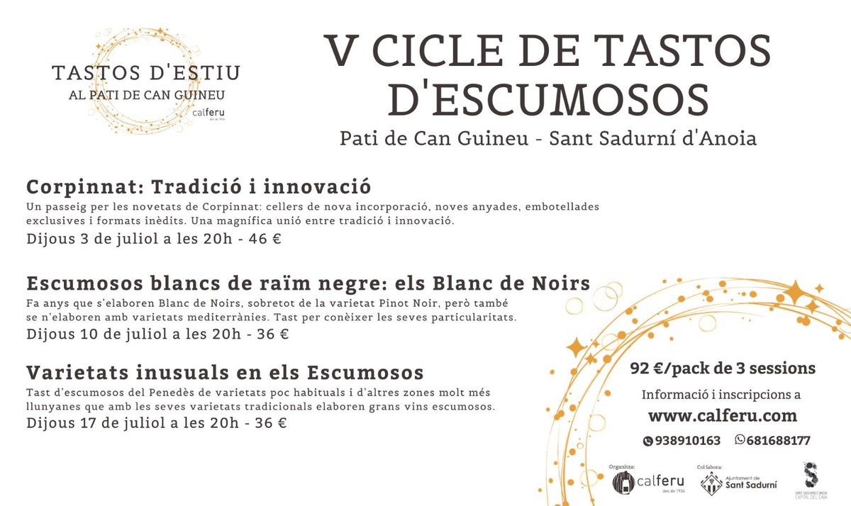 Arriba el Vè Cicle de Tastos d’Escumosos de Cellers Cal Feru a Sant Sadurní d'Anoia!🍾Una proposta per difondre la gran riquesa i qualitat dels vins escumosos del territori amb una experiència sensorial única.
📆3, 10 i 17 de juliol
🔗xatic.cat/ca/activitats/…
#TurismeIndustrial