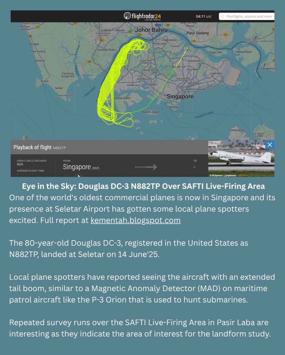Aerial survey this morning over western Singapore by 80-year-old DC-3 N882TP, one of d world’s oldest airworthy aircraft. 
Her flight took over six hours across a tiny slice of airspace.